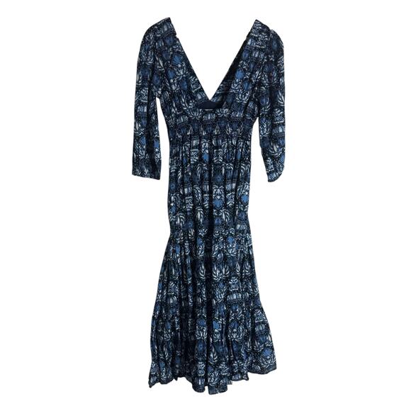 Caroline Constas Blue Printed 3/4 Sleeve V-Neck Long Dress Size Small - Picture 8 of 9